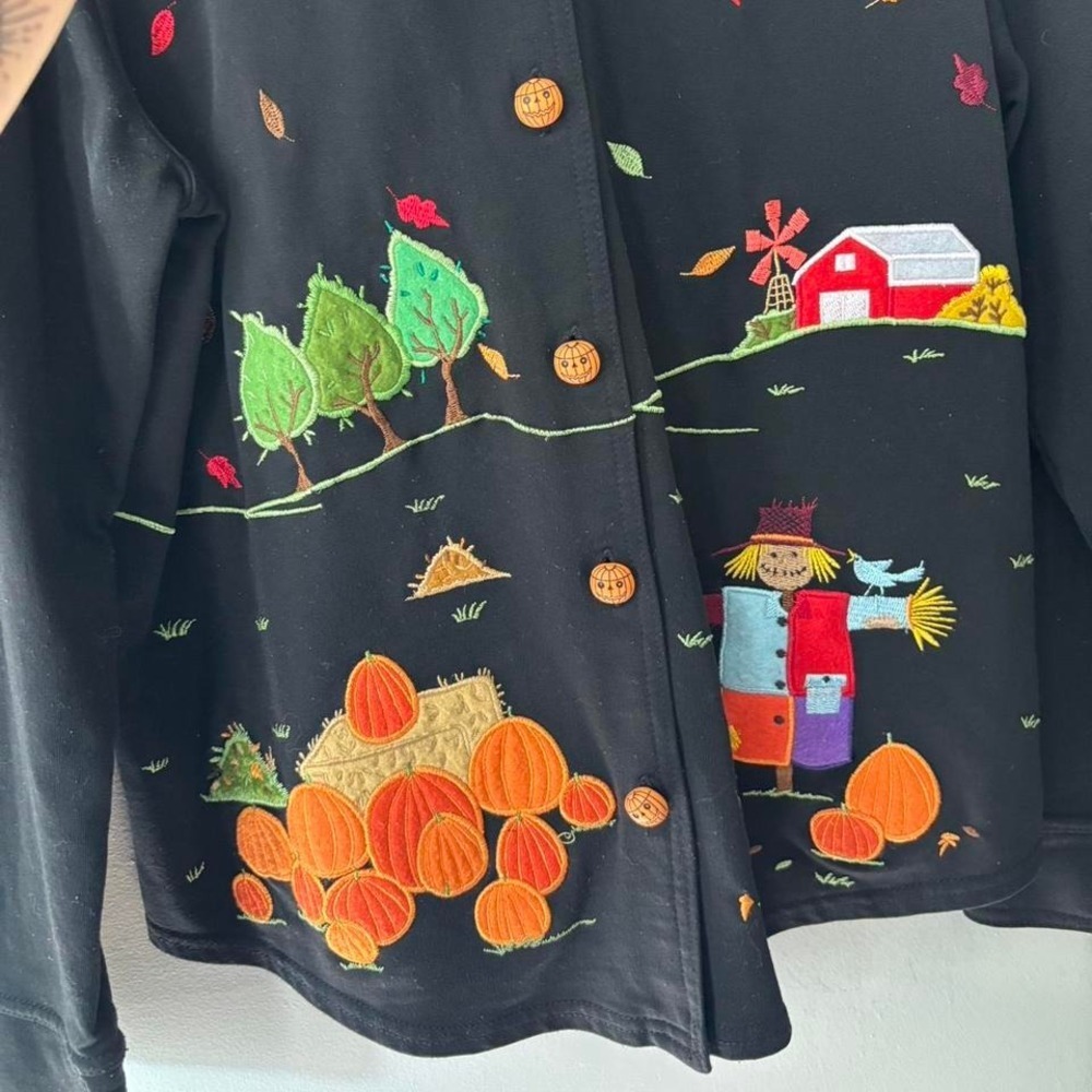Vintage Grunge Black Embroidered Scarecrow Retro Pumpkin Fall Shirt - Medium - Picture 5 of 8